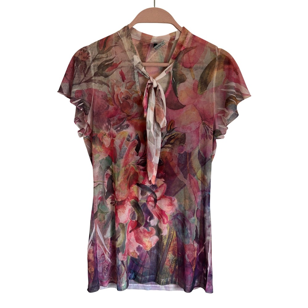 Espresso Mesh Top Womens Medium Pink Floral Tie Neck Sheer Flutter Sleeve Y2K